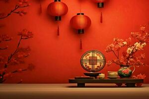 Chinese new year background with traditional lanterns, sakura flowers and copy space. Lunar new year concept by AI Generated photo