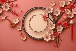 Chinese new year background with traditional lanterns, sakura flowers and copy space. Lunar new year concept by AI Generated photo