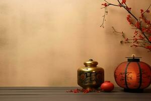 Chinese new year background with traditional lanterns, sakura flowers and copy space. Lunar new year concept by AI Generated photo