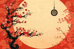 Chinese new year background with traditional lanterns, sakura flowers and copy space. Lunar new year concept by AI Generated photo