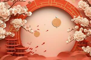 Chinese new year background with traditional lanterns, sakura flowers and copy space. Lunar new year concept by AI Generated photo