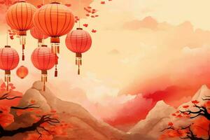Chinese new year background with traditional lanterns, sakura flowers and copy space. Lunar new year concept by AI Generated photo