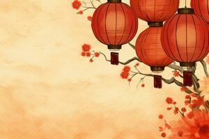 Chinese new year background with traditional lanterns, sakura flowers and copy space. Lunar new year concept by AI Generated photo