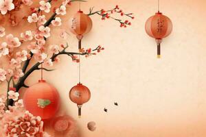 Chinese new year background with traditional lanterns, sakura flowers and copy space. Lunar new year concept by AI Generated photo