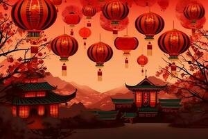 Chinese new year background with traditional lanterns, sakura flowers and copy space. Lunar new year concept by AI Generated photo