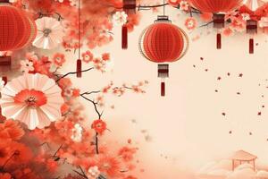 Chinese new year background with traditional lanterns, sakura flowers and copy space. Lunar new year concept by AI Generated photo