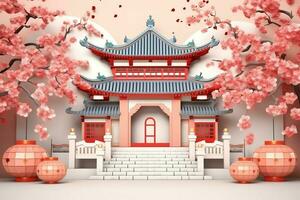 Chinese new year background with traditional lanterns, sakura flowers and copy space. Lunar new year concept by AI Generated photo