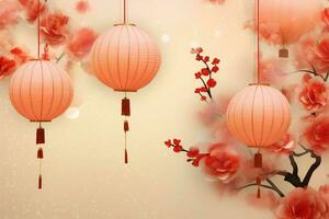 Chinese new year background with traditional lanterns, sakura flowers and copy space. Lunar new year concept by AI Generated photo