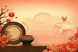 Chinese new year background with traditional lanterns, sakura flowers and copy space. Lunar new year concept by AI Generated photo