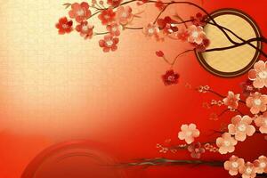 Chinese new year background with traditional lanterns, sakura flowers and copy space. Lunar new year concept by AI Generated photo