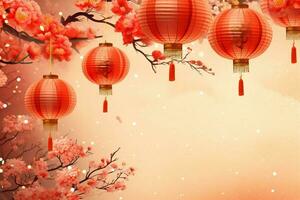 Chinese new year background with traditional lanterns, sakura flowers and copy space. Lunar new year concept by AI Generated photo