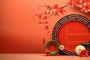 Chinese new year background with traditional lanterns, sakura flowers and copy space. Lunar new year concept by AI Generated photo