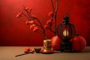 Chinese new year background with traditional lanterns, sakura flowers and copy space. Lunar new year concept by AI Generated photo