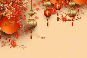 Chinese new year background with traditional lanterns, sakura flowers and copy space. Lunar new year concept by AI Generated photo