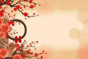 Chinese new year background with traditional lanterns, sakura flowers and copy space. Lunar new year concept by AI Generated photo