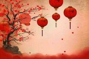 Chinese new year background with traditional lanterns, sakura flowers and copy space. Lunar new year concept by AI Generated photo