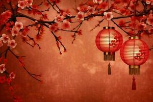 Chinese new year background with traditional lanterns, sakura flowers and copy space. Lunar new year concept by AI Generated photo