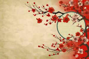 Chinese new year background with traditional lanterns, sakura flowers and copy space. Lunar new year concept by AI Generated photo