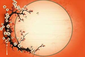Chinese new year background with traditional lanterns, sakura flowers and copy space. Lunar new year concept by AI Generated photo