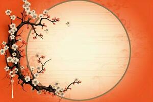 Chinese new year background with traditional lanterns, sakura flowers and copy space. Lunar new year concept by AI Generated photo