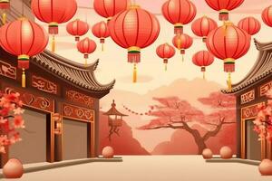 Chinese new year background with traditional lanterns, sakura flowers and copy space. Lunar new year concept by AI Generated photo