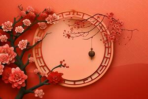 Chinese new year background with traditional lanterns, sakura flowers and copy space. Lunar new year concept by AI Generated photo