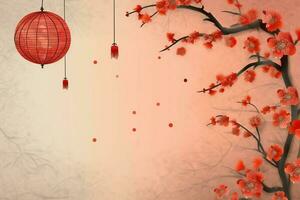 Chinese new year background with traditional lanterns, sakura flowers and copy space. Lunar new year concept by AI Generated photo