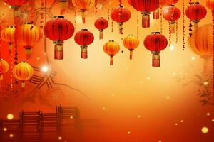 Chinese new year background with traditional lanterns, sakura flowers and copy space. Lunar new year concept by AI Generated photo