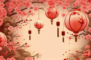 Chinese new year background with traditional lanterns, sakura flowers and copy space. Lunar new year concept by AI Generated photo