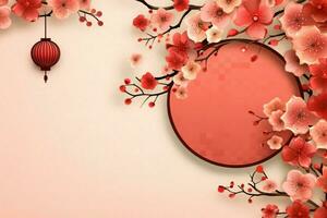 Chinese new year background with traditional lanterns, sakura flowers and copy space. Lunar new year concept by AI Generated photo