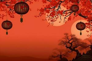 Chinese new year background with traditional lanterns, sakura flowers and copy space. Lunar new year concept by AI Generated photo