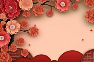 Chinese new year background with traditional lanterns, sakura flowers and copy space. Lunar new year concept by AI Generated photo