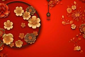Chinese new year background with traditional lanterns, sakura flowers and copy space. Lunar new year concept by AI Generated photo