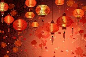 Chinese new year background with traditional lanterns, sakura flowers and copy space. Lunar new year concept by AI Generated photo