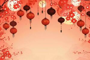 Chinese new year background with traditional lanterns, sakura flowers and copy space. Lunar new year concept by AI Generated photo