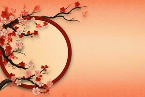 Chinese new year background with traditional lanterns, sakura flowers and copy space. Lunar new year concept by AI Generated photo