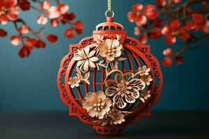 Chinese new year background with traditional lanterns, sakura flowers and copy space. Lunar new year concept by AI Generated photo