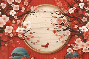 Chinese new year background with traditional lanterns, sakura flowers and copy space. Lunar new year concept by AI Generated photo