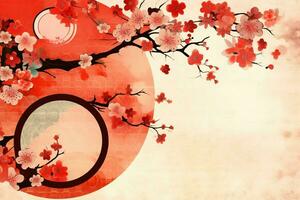 Chinese new year background with traditional lanterns, sakura flowers and copy space. Lunar new year concept by AI Generated photo