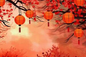 Chinese new year background with traditional lanterns, sakura flowers and copy space. Lunar new year concept by AI Generated photo