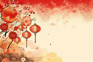 Chinese new year background with traditional lanterns, sakura flowers and copy space. Lunar new year concept by AI Generated photo