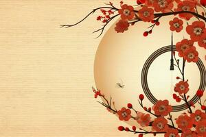 Chinese new year background with traditional lanterns, sakura flowers and copy space. Lunar new year concept by AI Generated photo