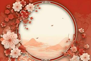 Chinese new year background with traditional lanterns, sakura flowers and copy space. Lunar new year concept by AI Generated photo