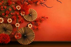 Chinese new year background with traditional lanterns, sakura flowers and copy space. Lunar new year concept by AI Generated photo