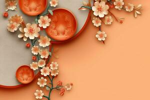 Chinese new year background with traditional lanterns, sakura flowers and copy space. Lunar new year concept by AI Generated photo