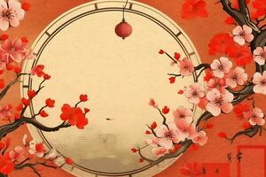 Chinese new year background with traditional lanterns, sakura flowers and copy space. Lunar new year concept by AI Generated photo