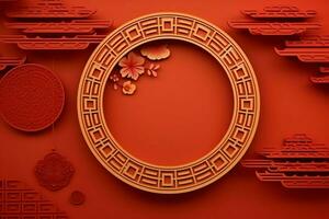 Chinese new year background with traditional lanterns, sakura flowers and copy space. Lunar new year concept by AI Generated photo