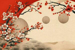 Chinese new year background with traditional lanterns, sakura flowers and copy space. Lunar new year concept by AI Generated photo