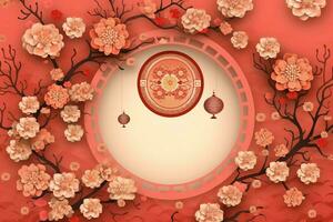 Chinese new year background with traditional lanterns, sakura flowers and copy space. Lunar new year concept by AI Generated photo