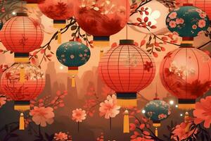 Chinese new year background with traditional lanterns, sakura flowers and copy space. Lunar new year concept by AI Generated photo